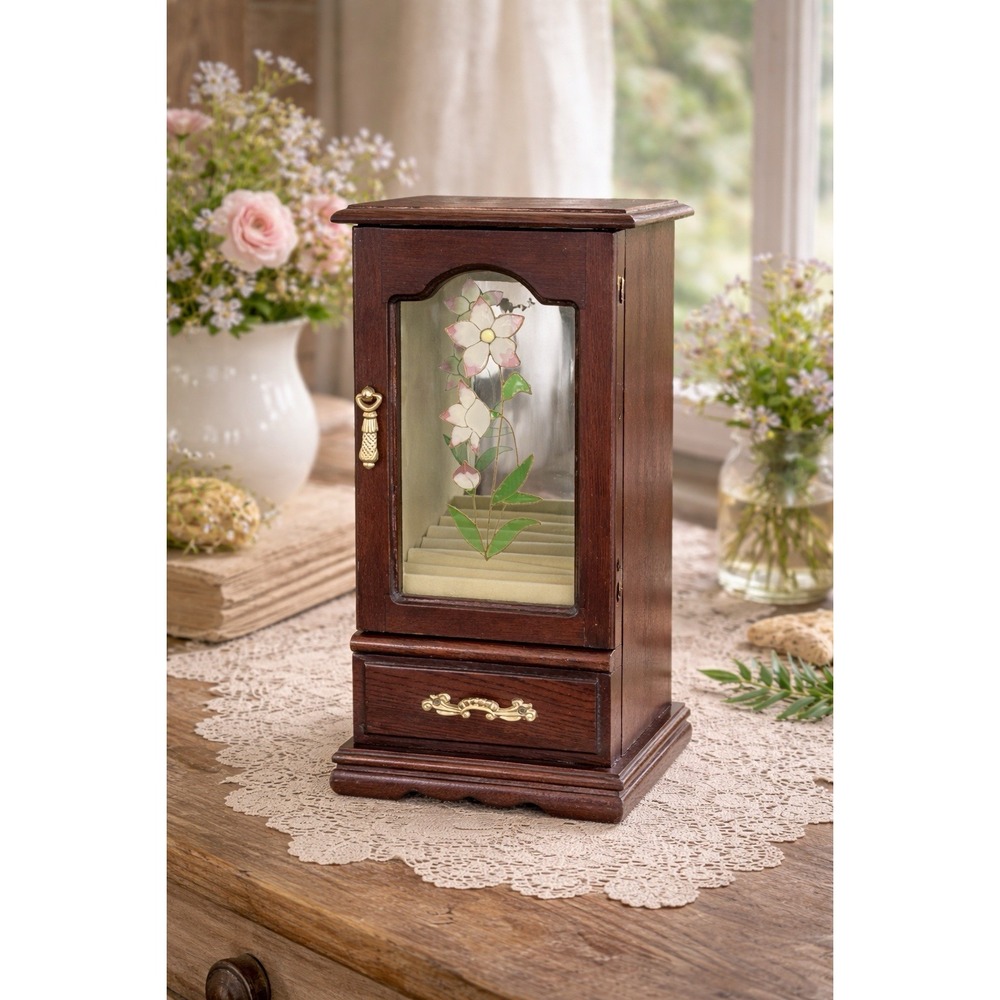 Vintage Wood Jewelry Cabinet w Floral Glass Door & Drawer Cottagecore